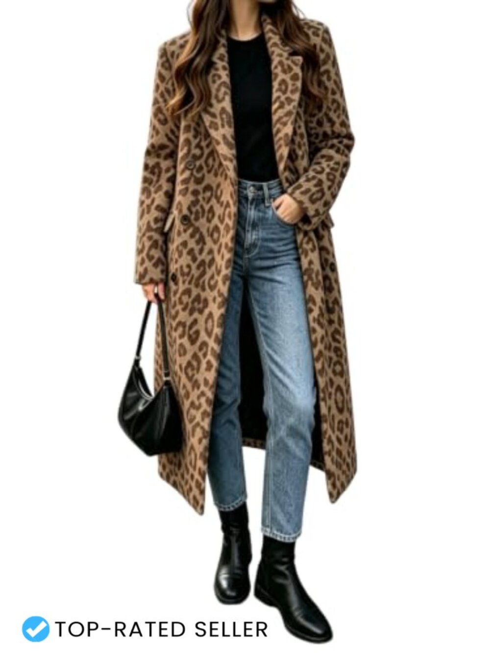 Womens Winter Warm Leopard Long Wool Pea Coat Double Breasted Overcoat